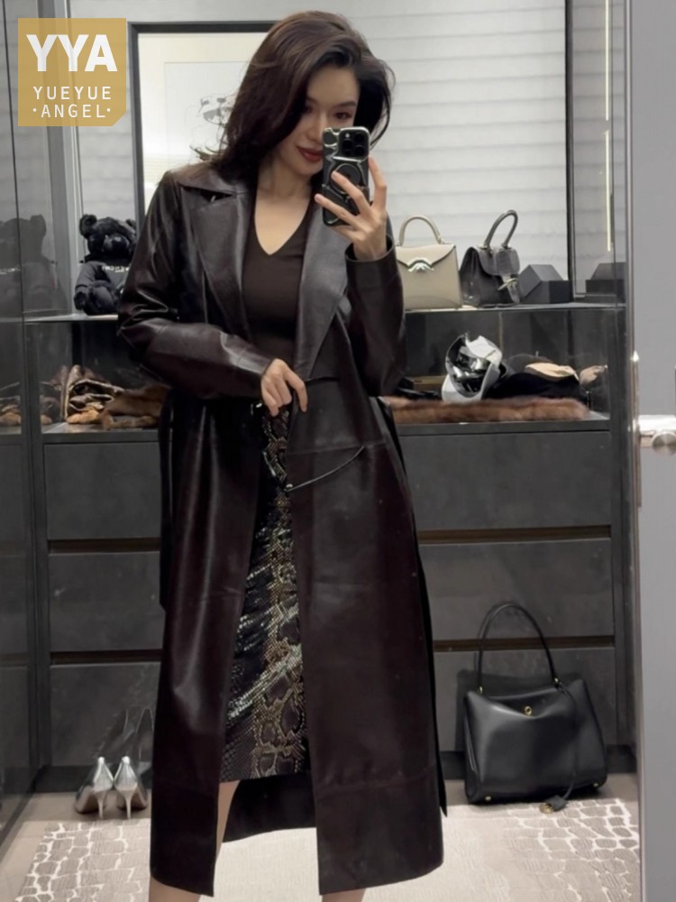Leatherwork Designs - Italienischer Designer-Büro-Damen-Arbeitsmantel aus langem Schaffell-Trenchcoat aus